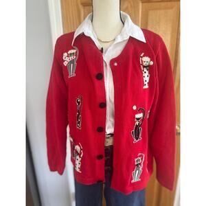 Vintage Cat Holiday Christmas Cardigan Sweater Red Button Front Women’s M